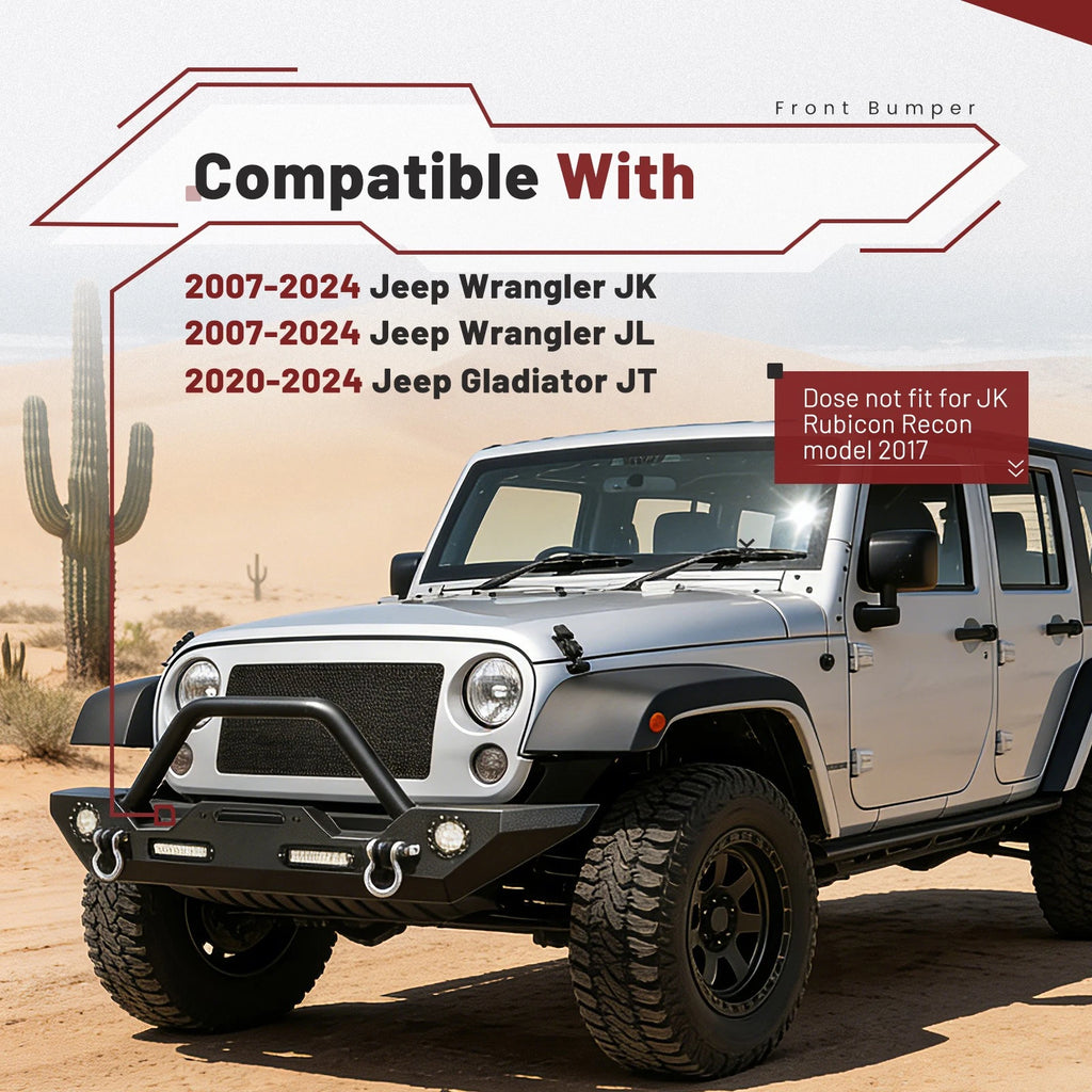 Front Bumper with LED Lights & D-Rings for Jeep Wrangler JK & Unlimited (2007–2024)