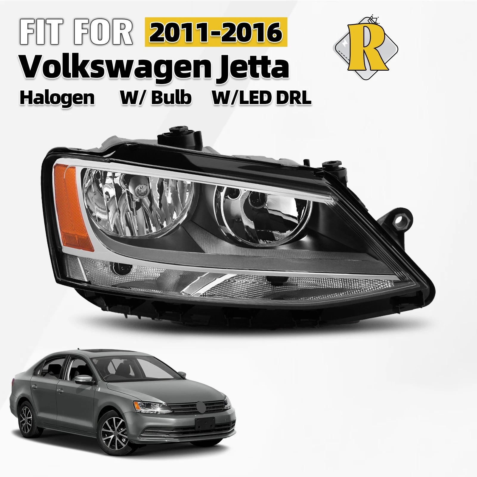 Halogen Headlight with Bulb for Volkswagen Jetta Sedan (2011–2016) Right