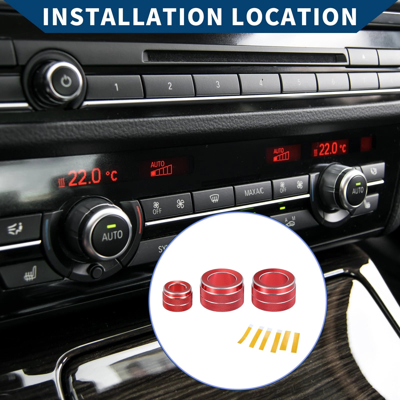 Set of 3 AC Radio Volume Control Switch Knob Cover Rings for BMW F10 (2011–2016) Red
