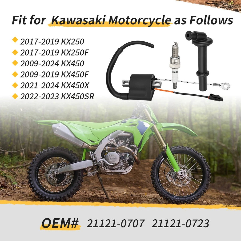 Ignition Coil + Cap w/ Spark Plug for Kawasaki KX250 KX250F KX450 KX450F (2004–2023)
