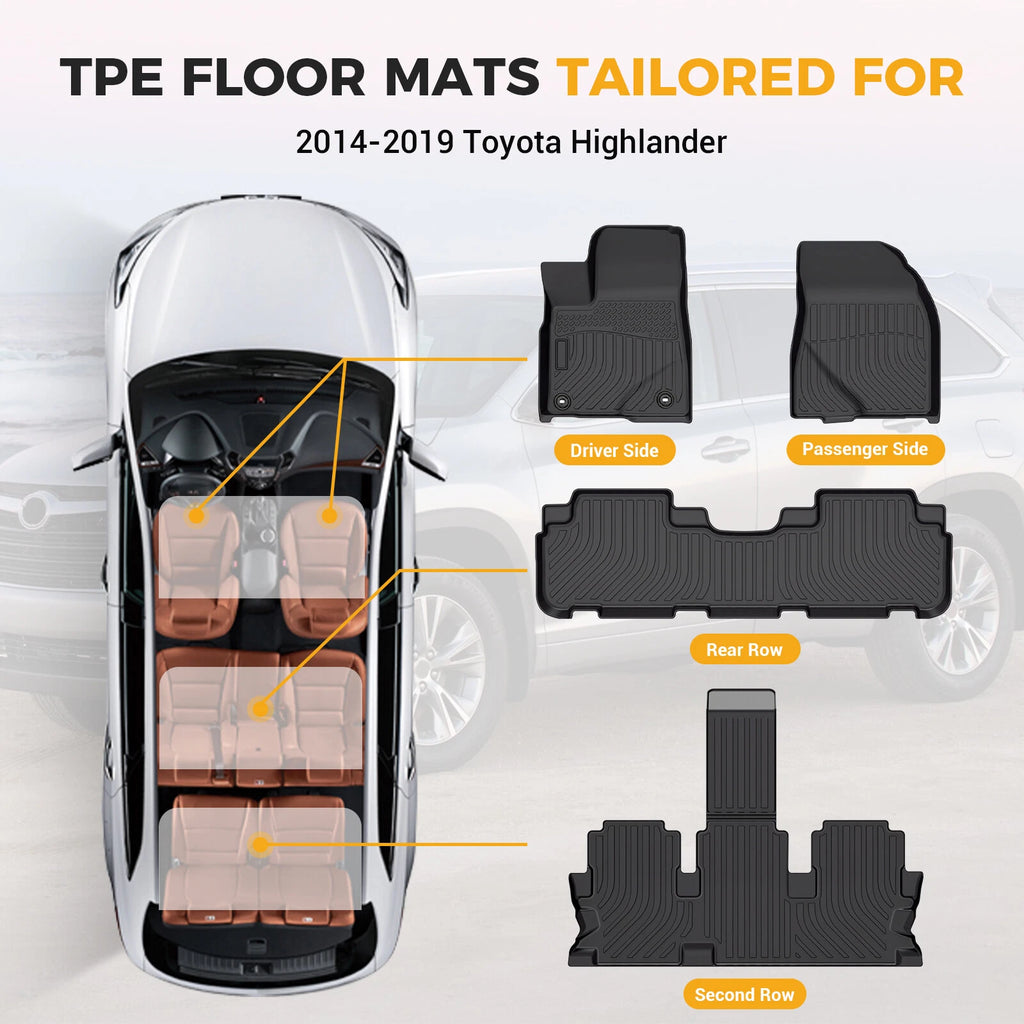 Set of 3 Row Floor Mats for Toyota Highlander (2014–2019) TPE Rubber All Weather