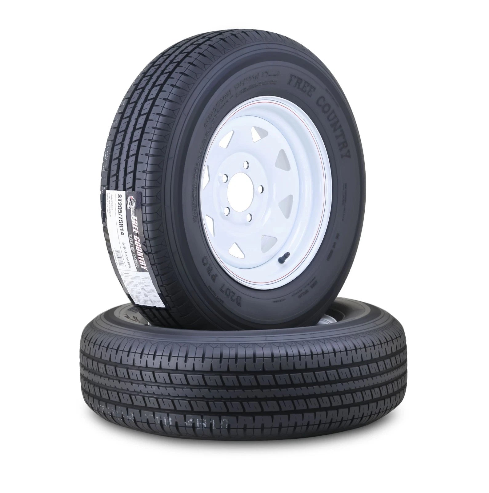 2 Free Country Trailer Tire Rim ST205/75R14 8-Ply 5 Lug White Spoke