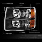 Pair of Black/Amber Signal Headlight Lamps for Chevy Silverado (2007–2014)