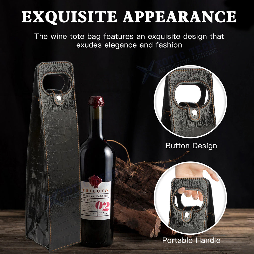 Black Crocodile Grain Leather Wine Carrier Tote for Party (-)