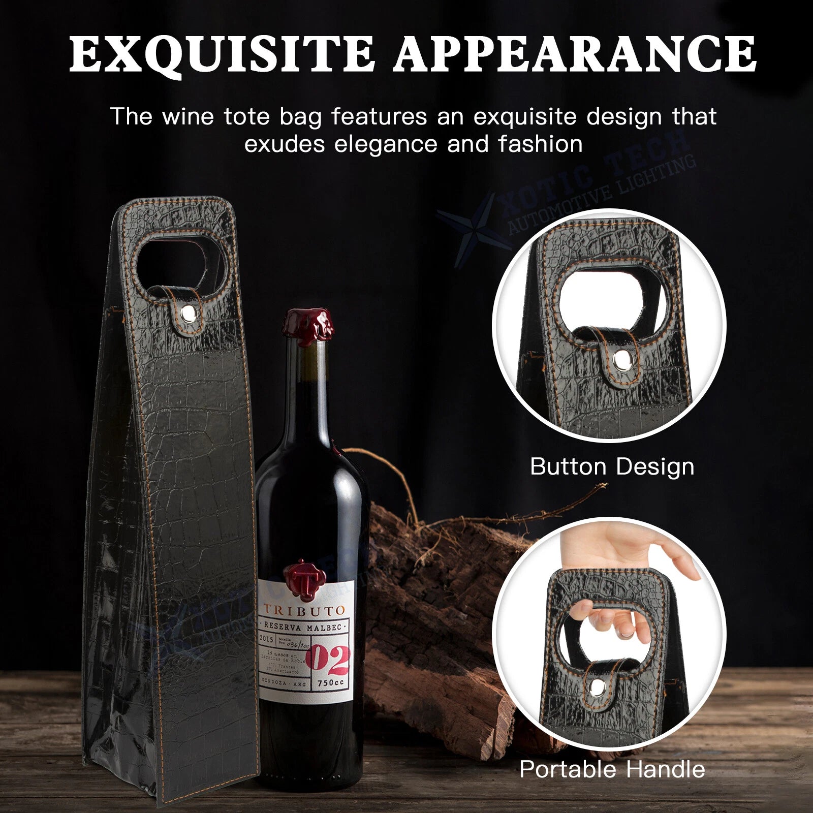 Black Crocodile Grain Leather Wine Carrier Tote for Party (-)