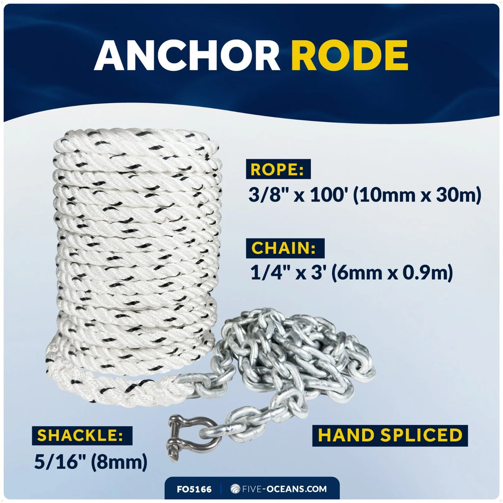 3/8" x 100' Anchor Rode Rope with 1/4" x 3' Galvanized Chain