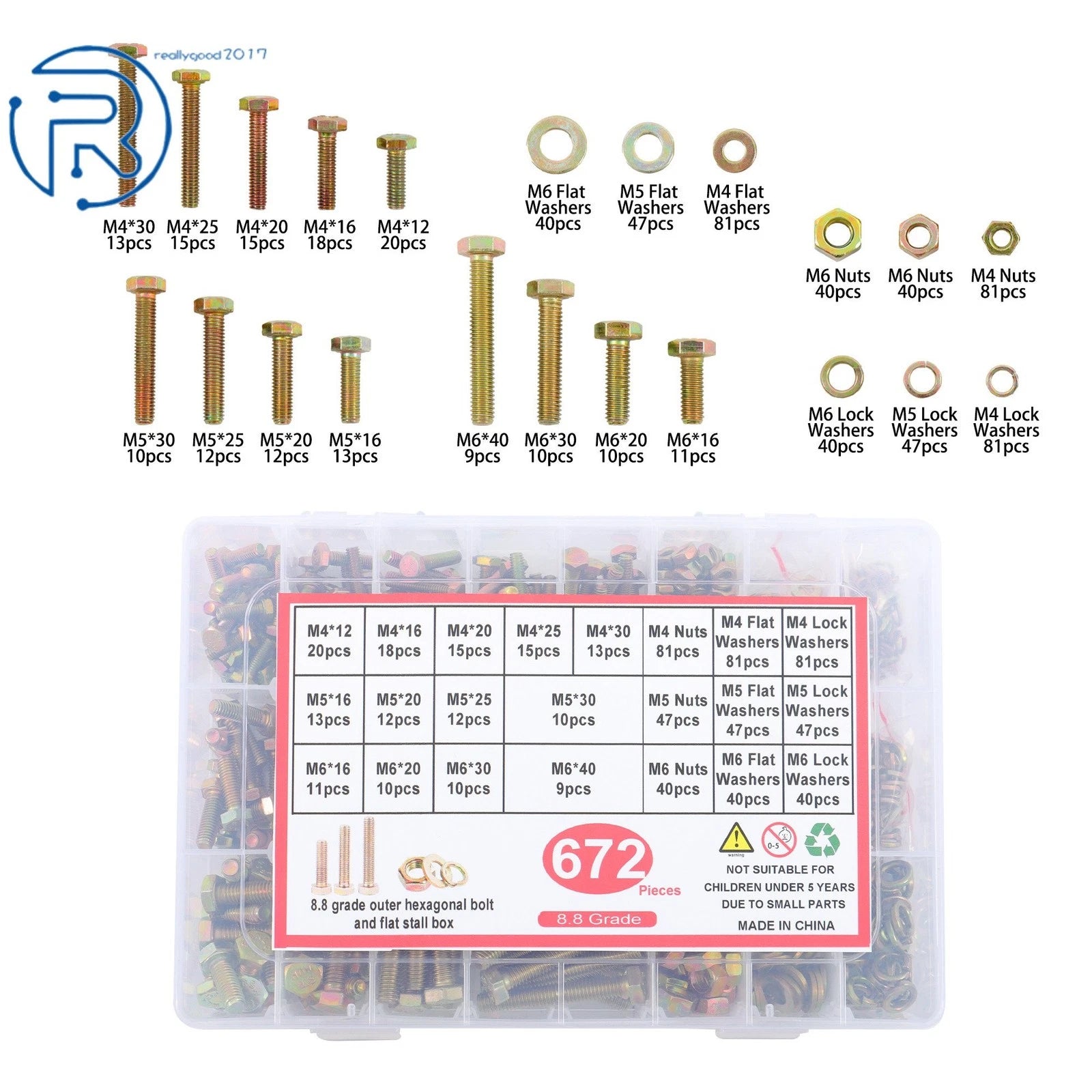 Set of 672 Flat Nuts and Bolts with Lock Washers for M4 M5 M6