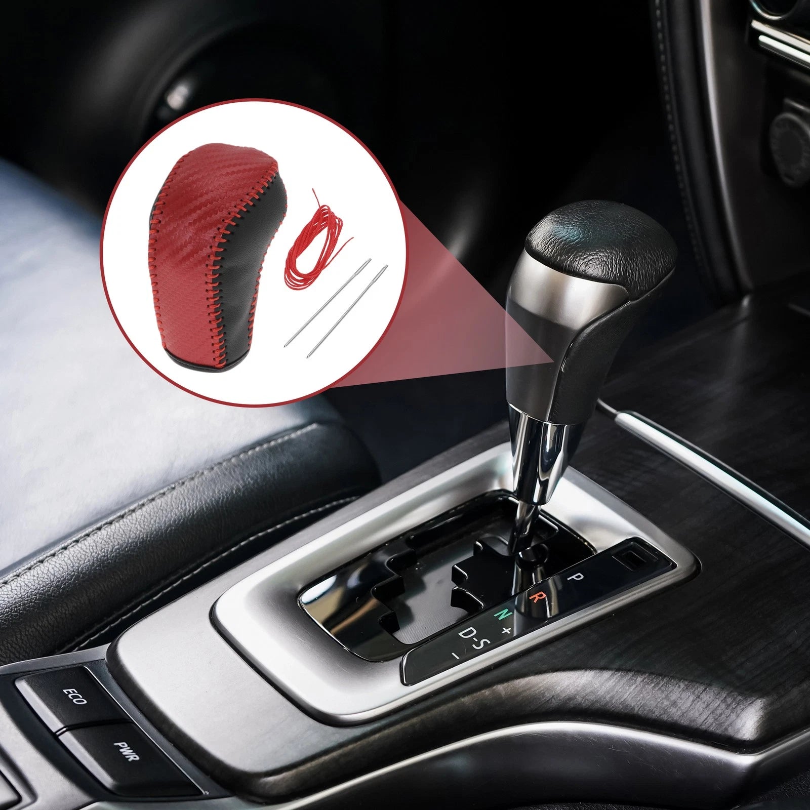 1 Pc Gear Shift Knob Cover for Hyundai Tucson (2015–2018) Black Red Faux Leather