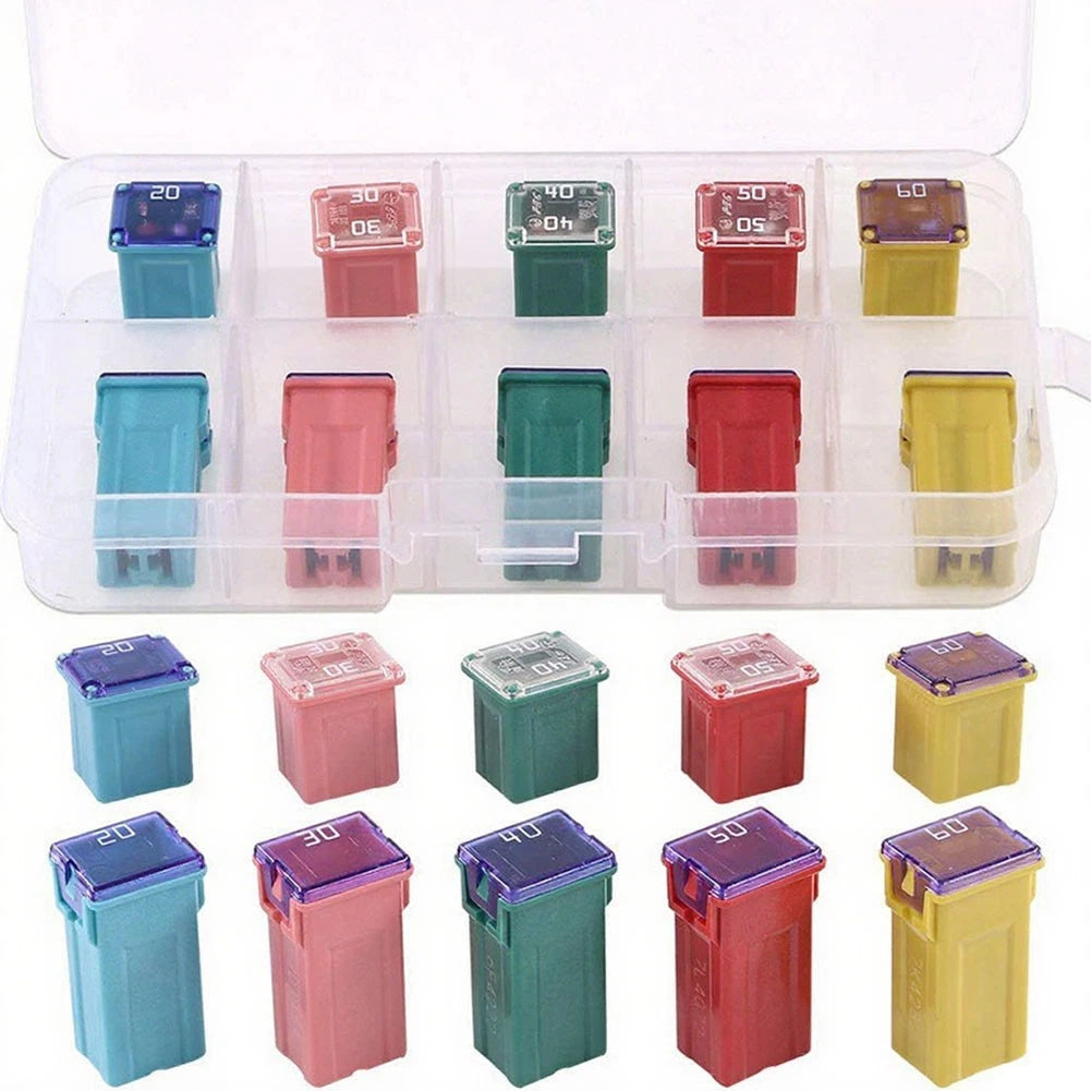 Set of 10 Car Box Shaped Fuses 20A 30A 40A 50A 60A for Vehicles