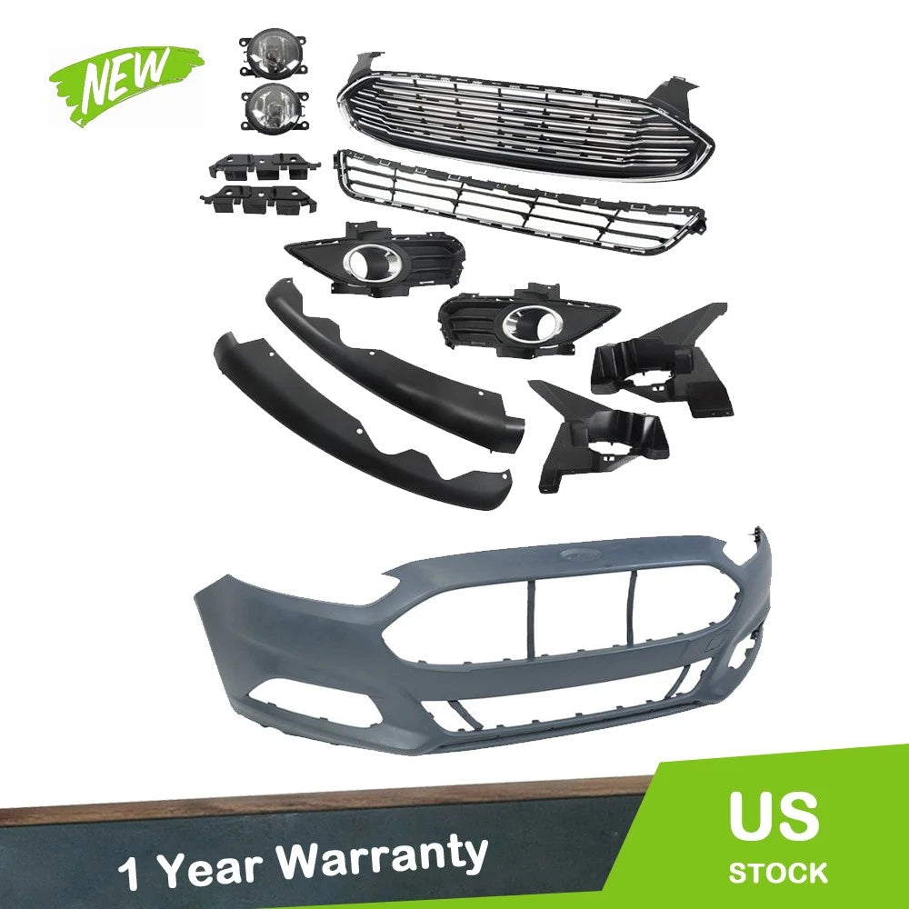 Fog Light Set for Ford Fusion (2013–2016) Black Front Bumper Cover & Grille