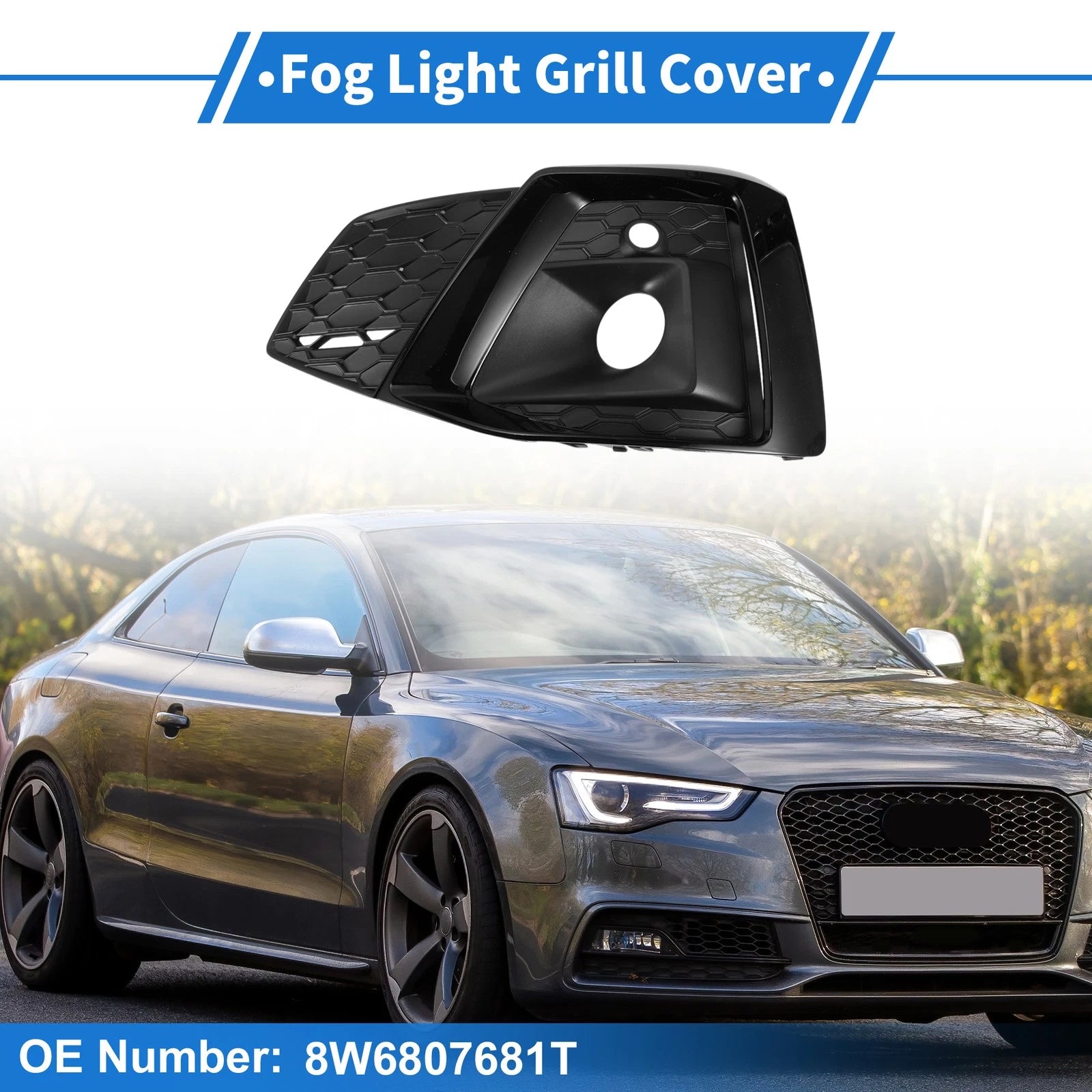 1Pc Fog Light Grill for Audi A5 (2021–2023) No. 8W6807681T ABS Black