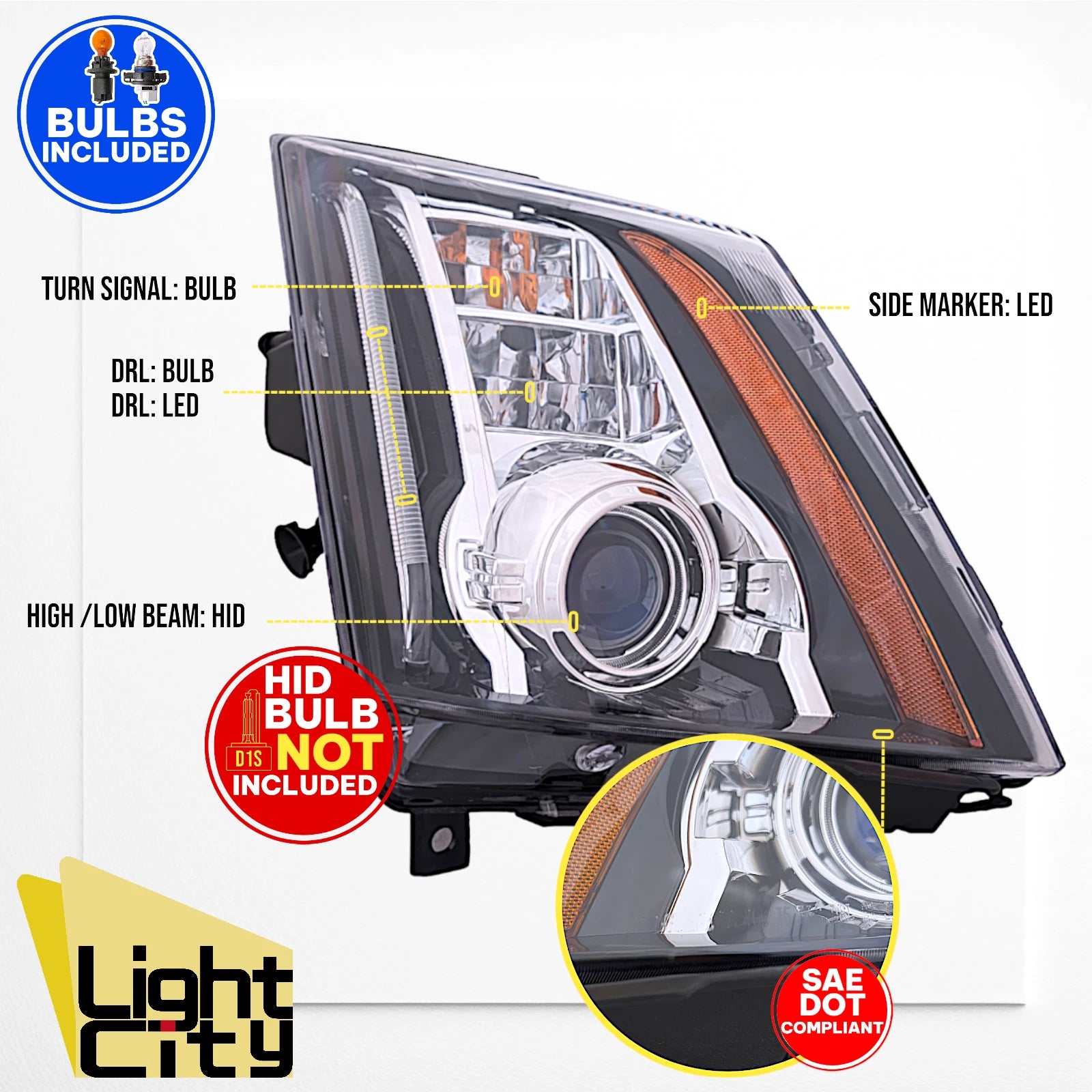 HID Headlight for Cadillac CTS-V (2009–2014) Passenger Side w/LED DRL RH