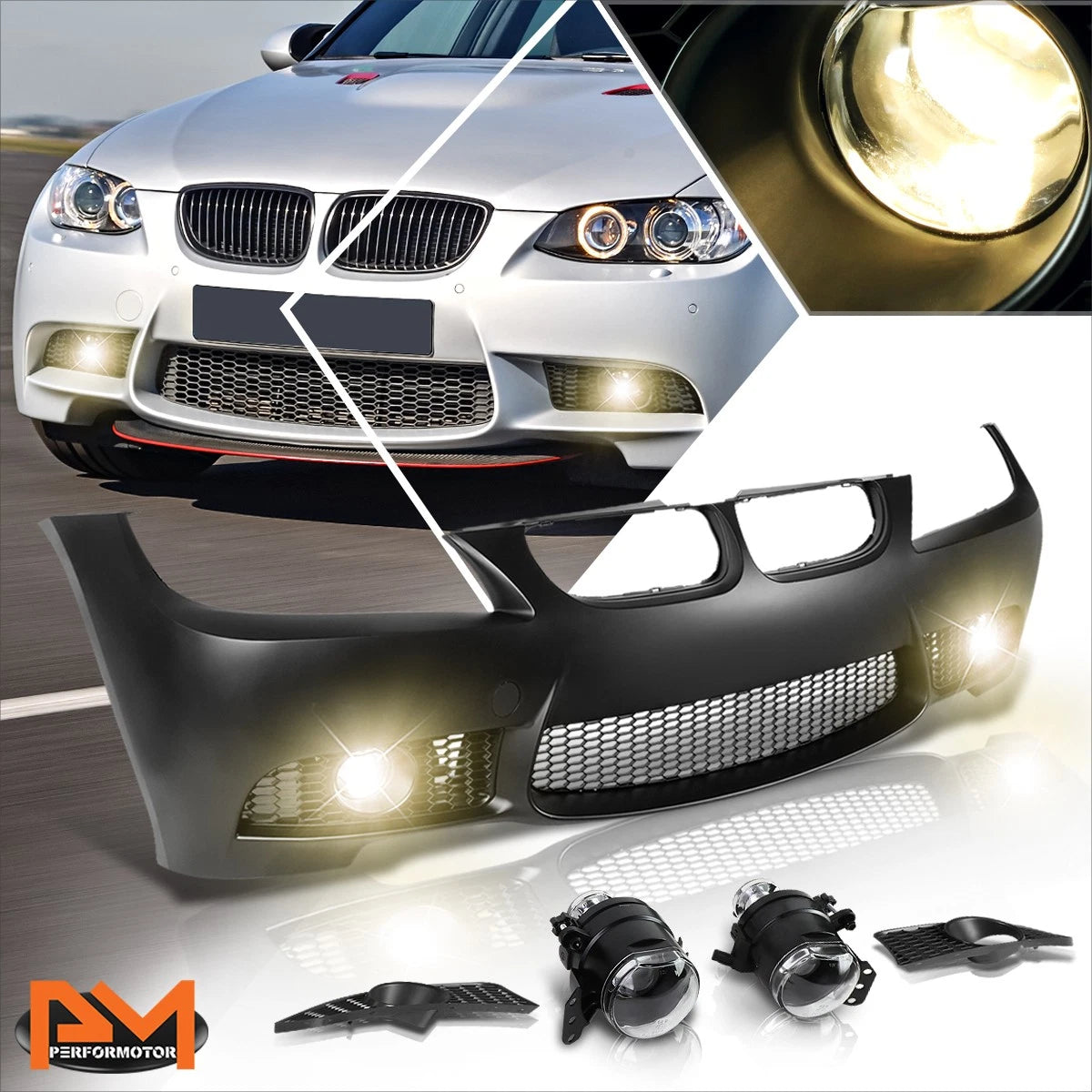 M3 Style Front Bumper Cover + Grille + Fog Light for BMW E90 3-Series (2009–2011)