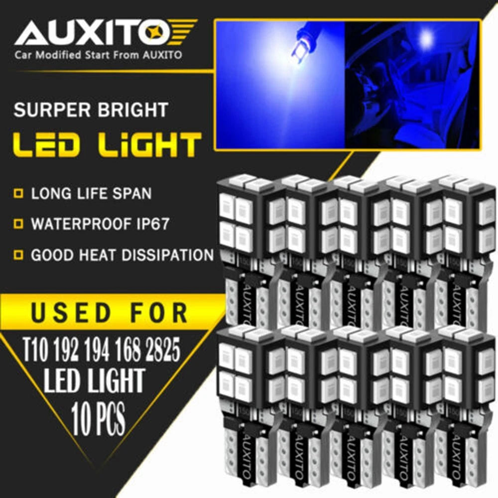 10X AUXITO T10 LED License Plate Light Bulb 8000K Blue 168 2825 194