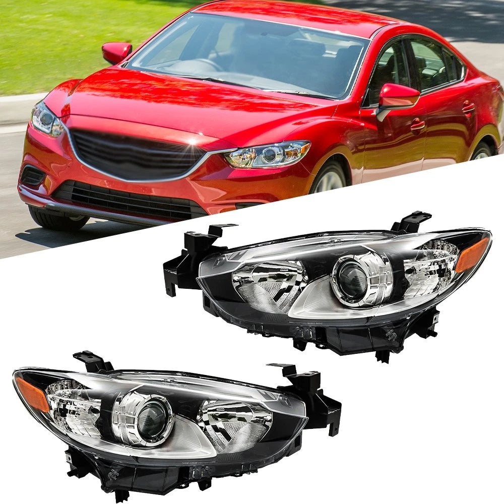 Set of 2 Headlight Assemblies for Mazda 6 (2014â2017) Black Housing Halogen