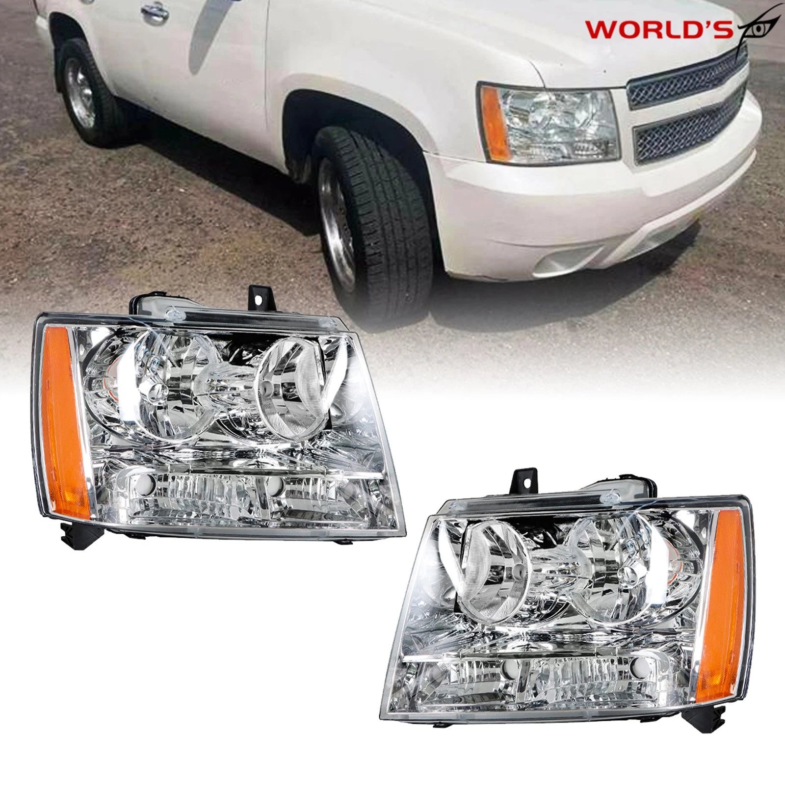 Set of 2 Chrome Headlights for Chevy Avalanche Tahoe Suburban (2007–2014)