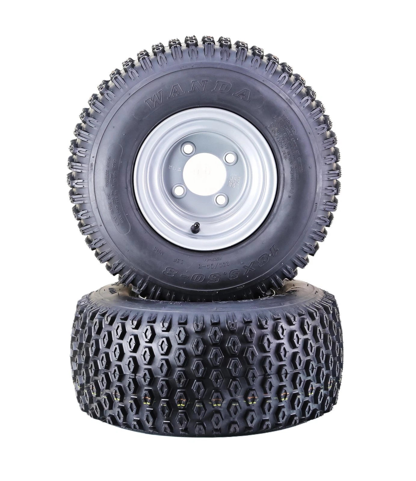 Set of 2 WANDA ATV Golf Cart Tires & Wheels 18X9.5-8 4PR 4x4" Silver Wheel-10324