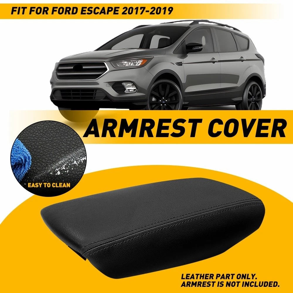 Black Leather Center Console Lid Armrest Cover for Ford Escape (2017–2019)