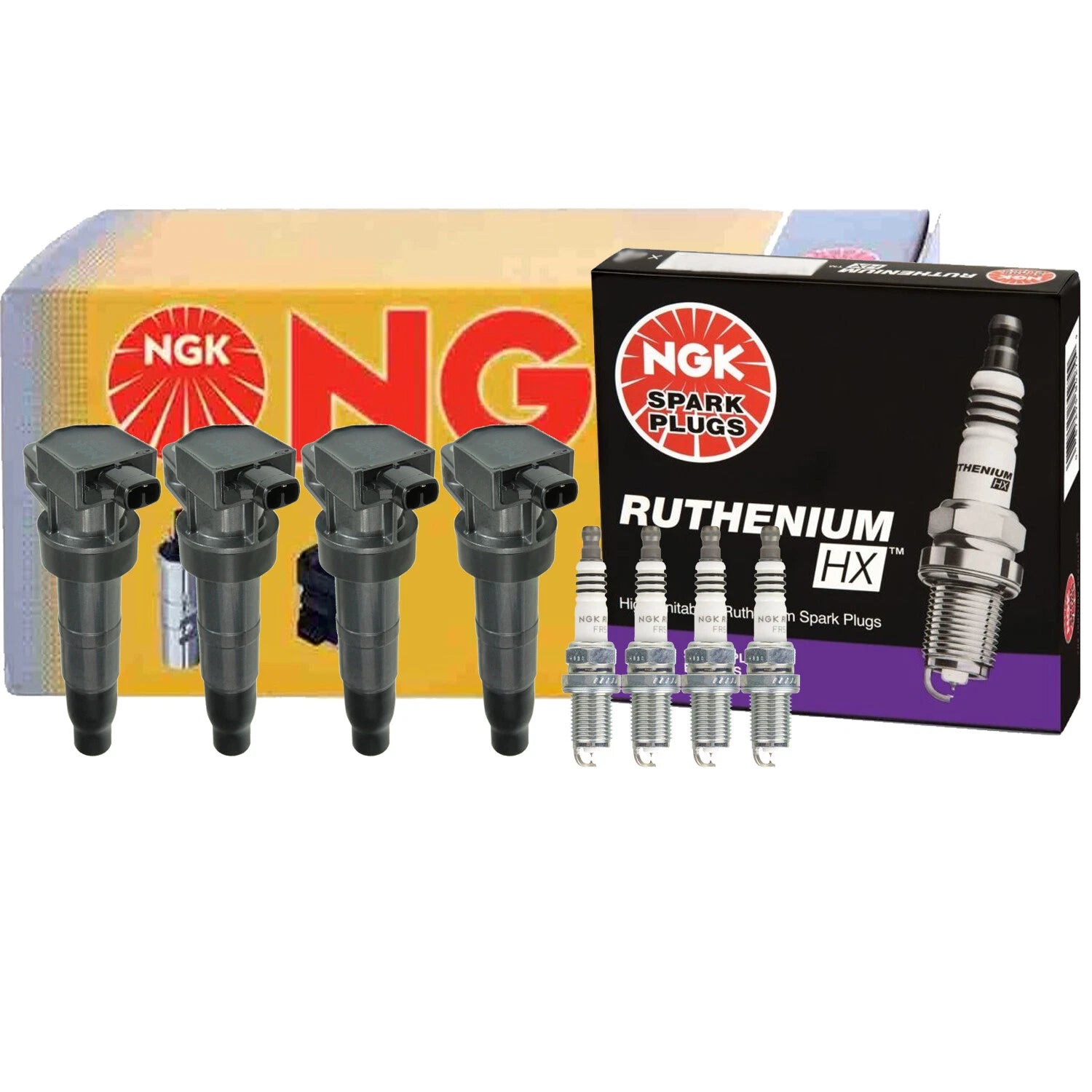 Set of 4 NGK COP Ignition Coils & Ruthenium HX Spark Plugs for Hyundai Kia