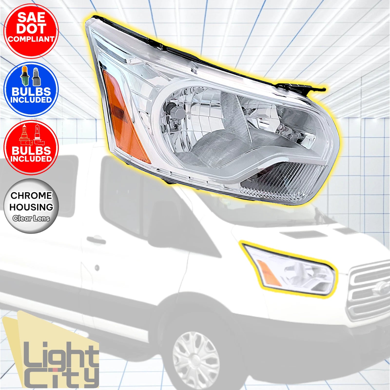 Halogen Headlight Chrome Right RH for Ford Transit 150 250 350 (2015–2022)