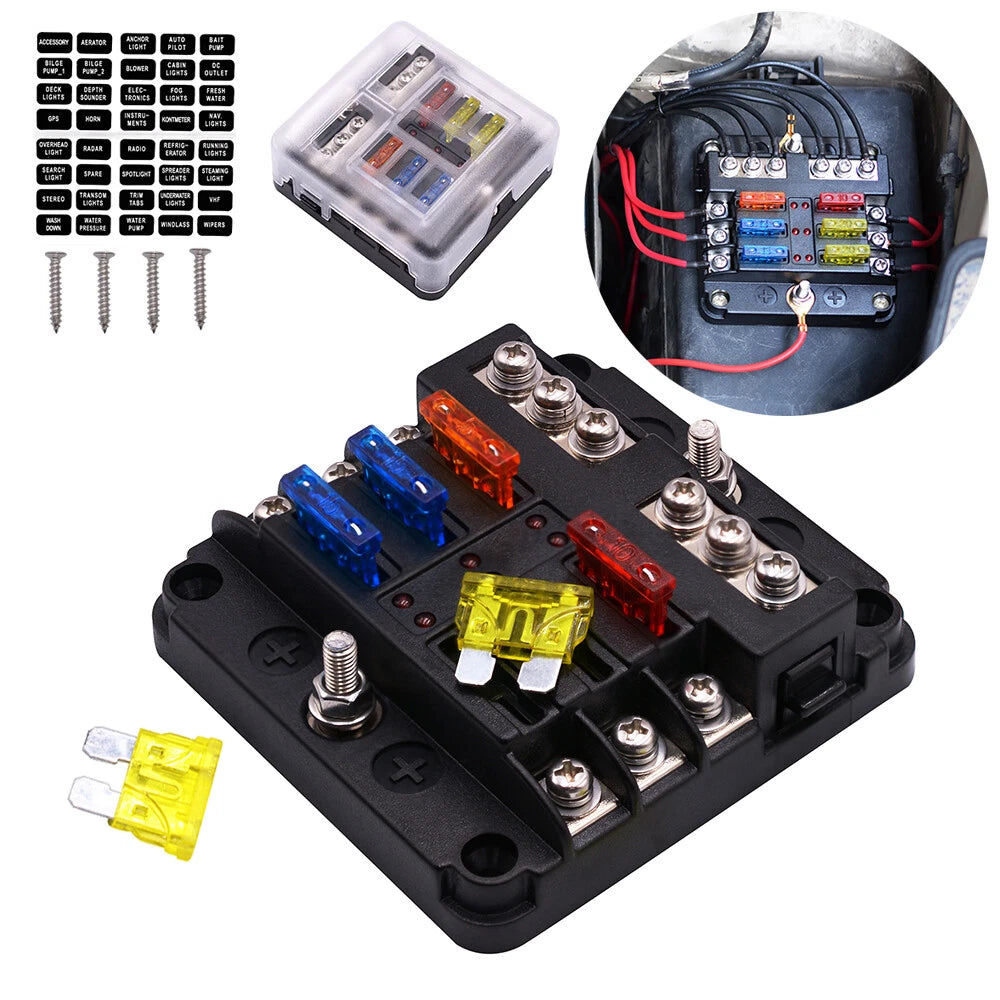 6-Way Auto Blade Fuse Holder Box with LED Indicator for 12V 24V Vehicles
