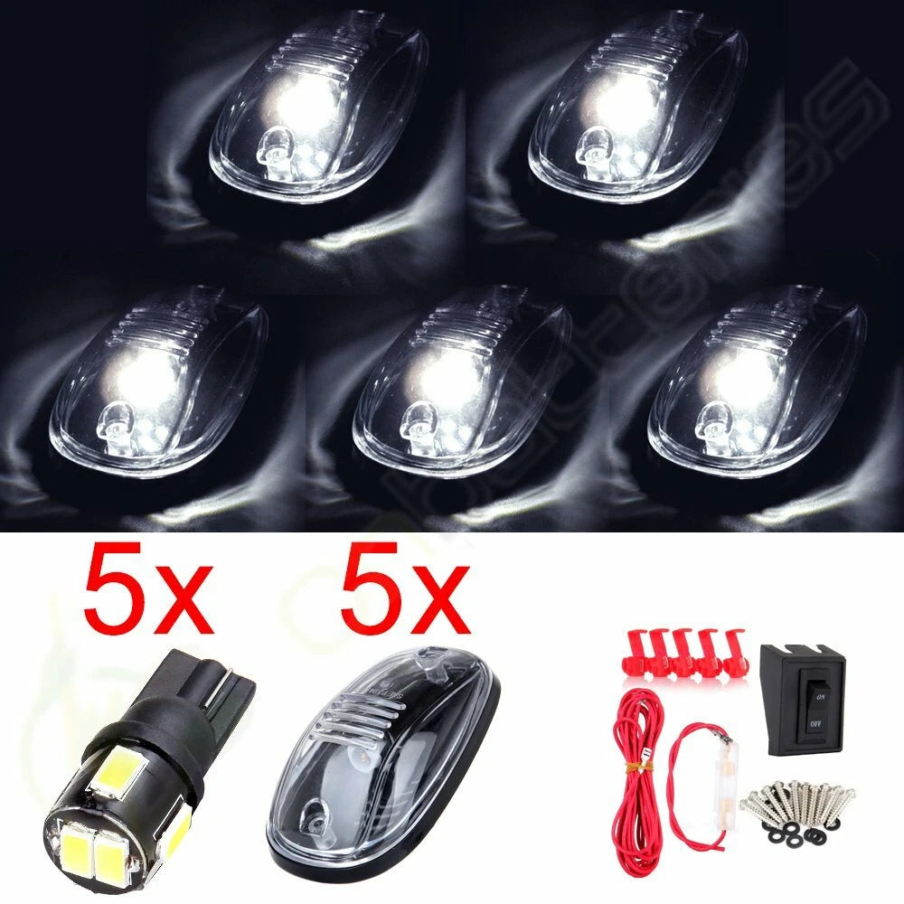 5X Clear Lens White 5730 LED Cab Roof Running Marker Lights w/ Wiring Kit