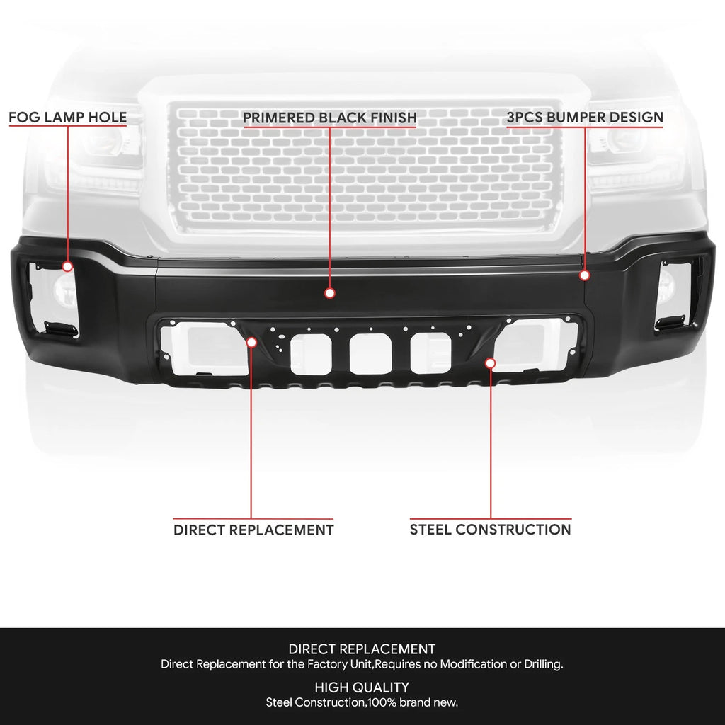 Front Bumper Face Bar for GMC Sierra 1500 (2014–2015) Black w/o Sensor Holes