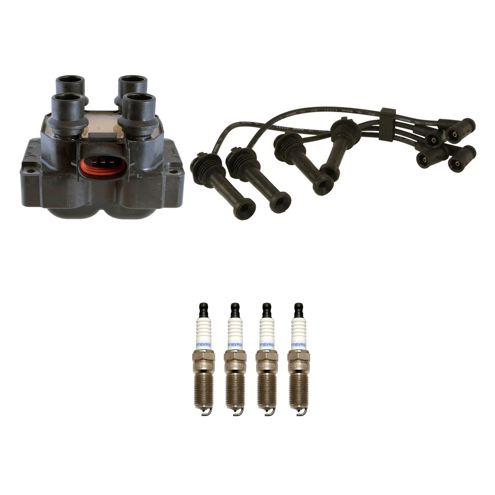 Set of 4 Denso Ignition Coil Wire & Double Platinum Spark Plugs for Ford 2.0L L4