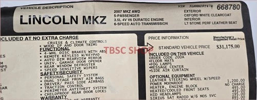 Dealer Sticker for Lincoln MKZ (2007)