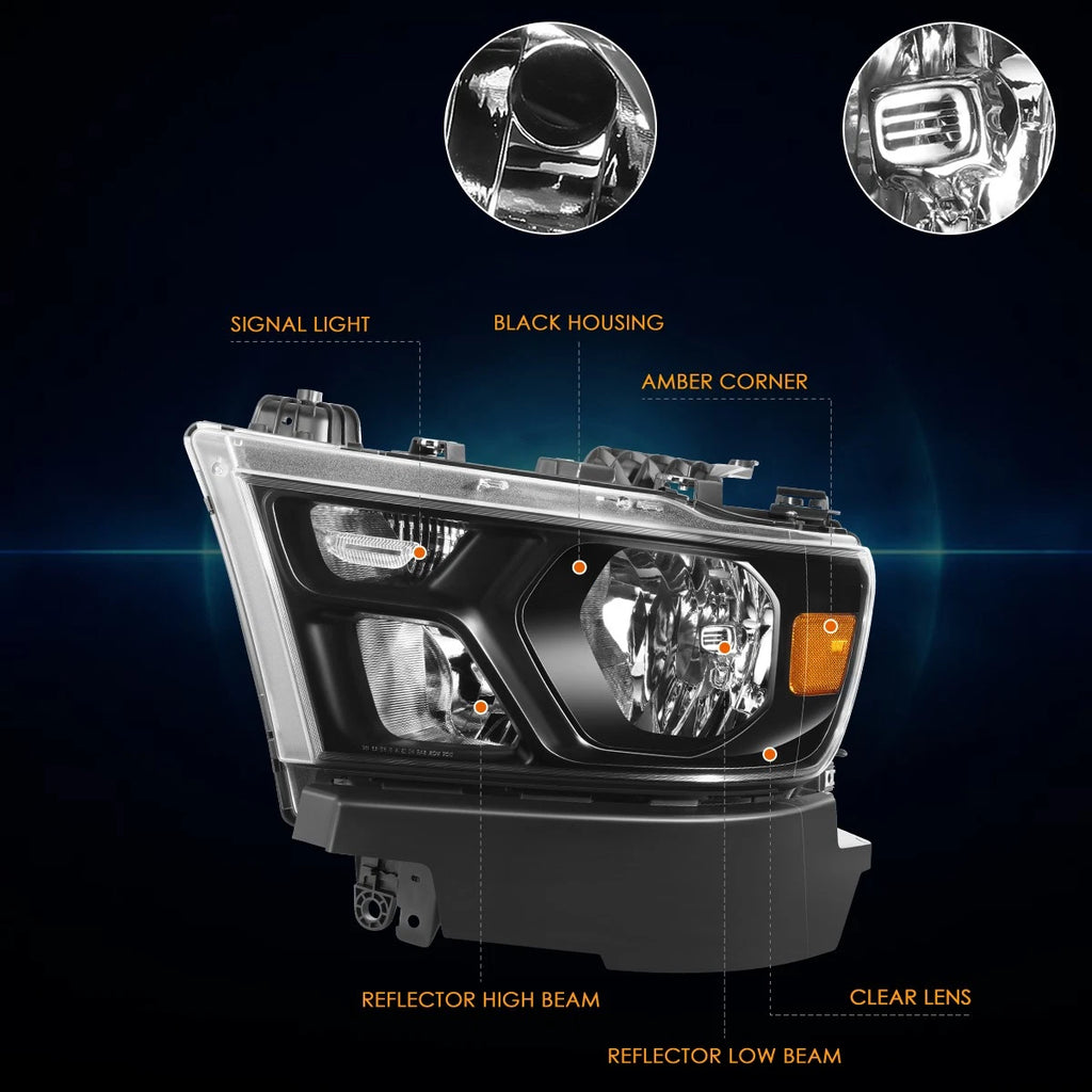 Headlight Assembly for Ram 1500 (2019–2024) Black Housing Amber Corner