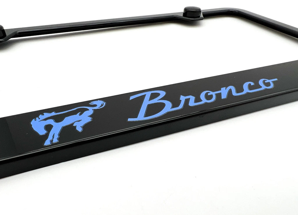 License Plate Frame Black Plastic for Ford Bronco Vintage Blue Script (1966–1971)