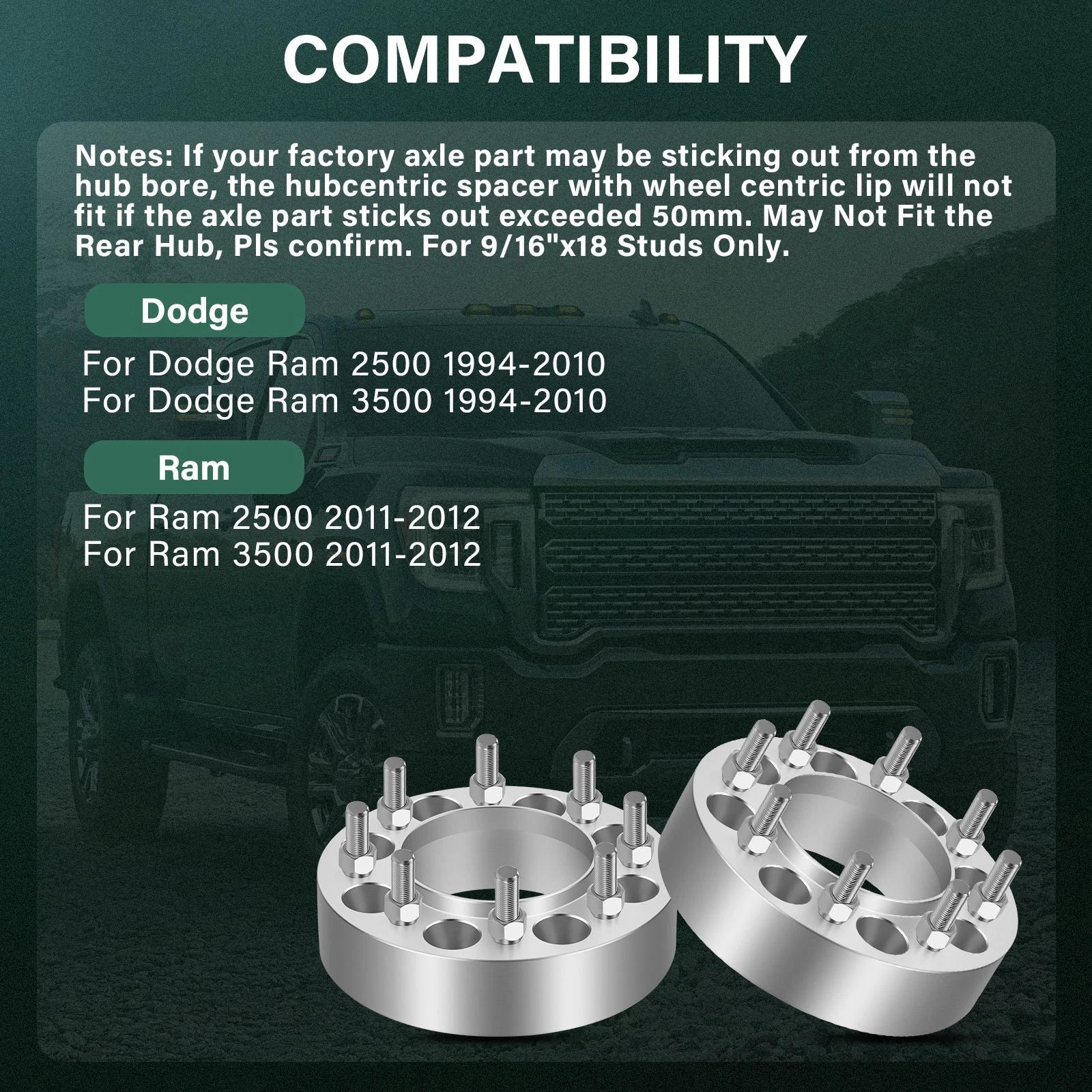 4X 2" Hubcentric Wheel Spacers 8x6.5 9/16"x18 for Dodge Ram 2500 3500 (1994–2023)