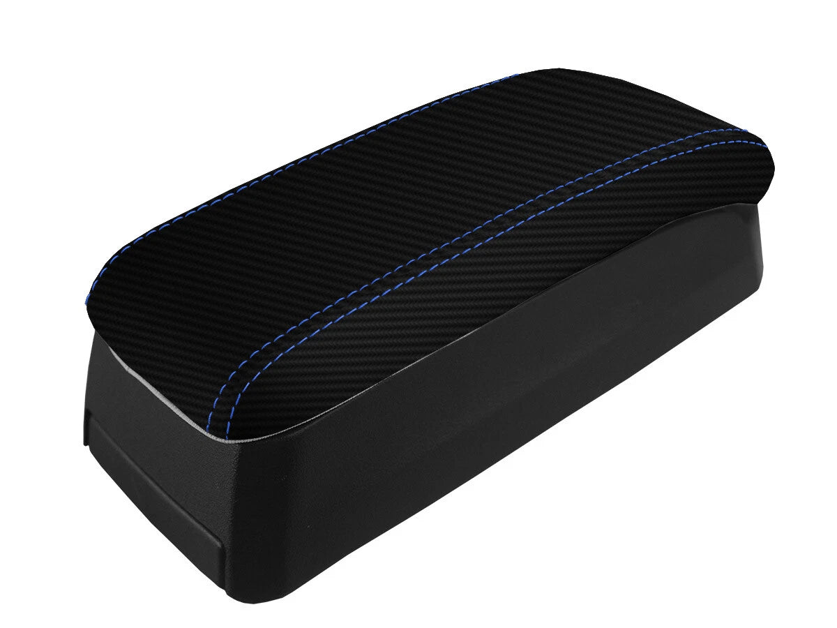 Console Lid Armrest Cover for Jeep Patriot (2009–2017) Carbon Fiber Blue Stitch