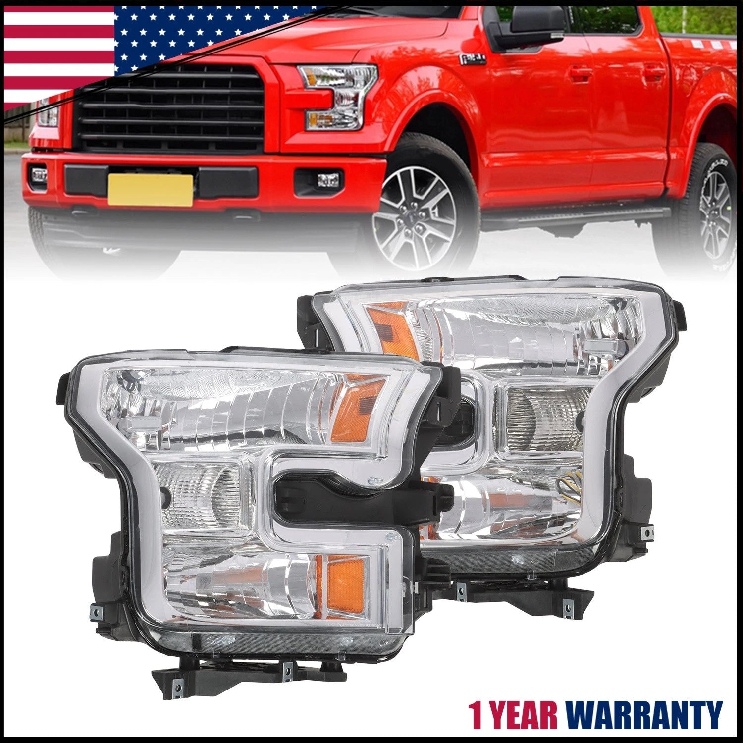Set of 2 Chrome Headlights for Ford F150 (2015–2017) - Left + Right