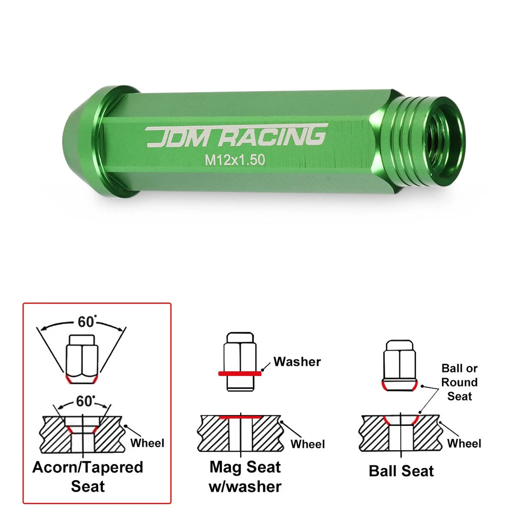 20Pc M12X1.5 Green JDM Open End Conical Wheel Lug Nuts + Extension 25mm