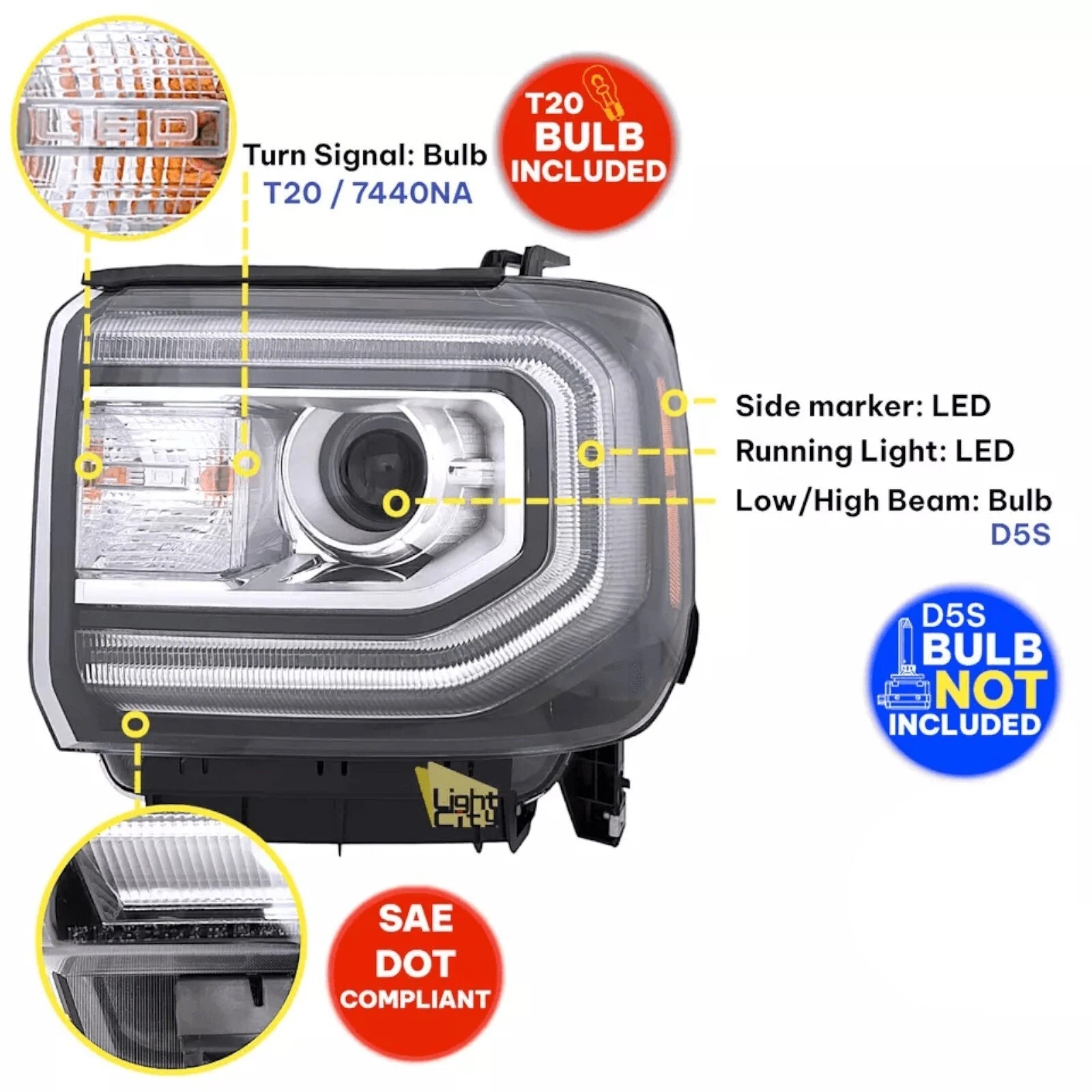HID Headlight for GMC Sierra 1500 (2016–2018) Driver Side LED DRL LH