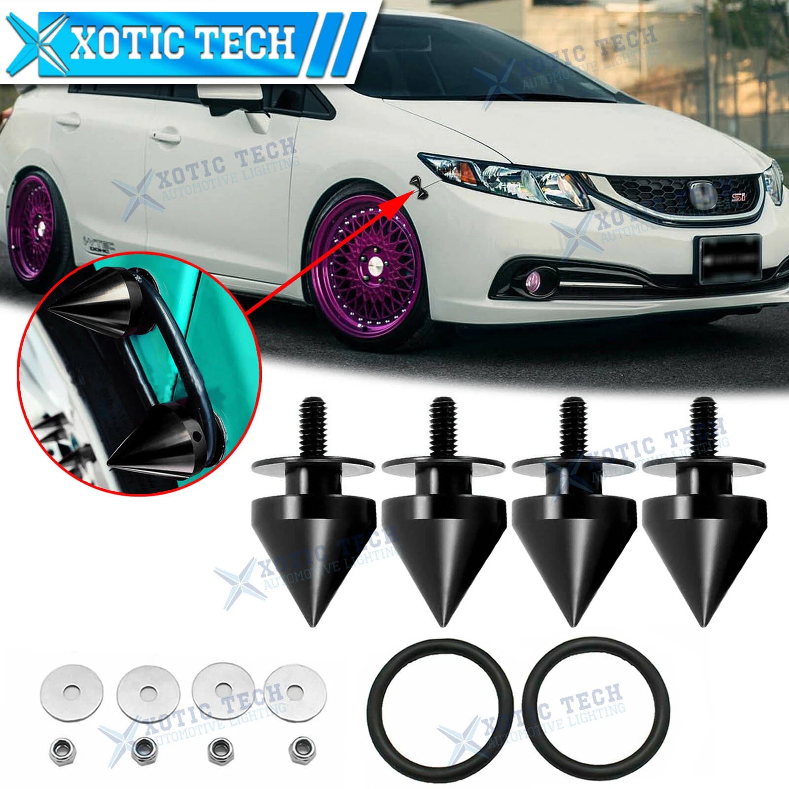 4X Black JDM Spike Aluminum Quick Release Bumper Fasteners for Honda (—)