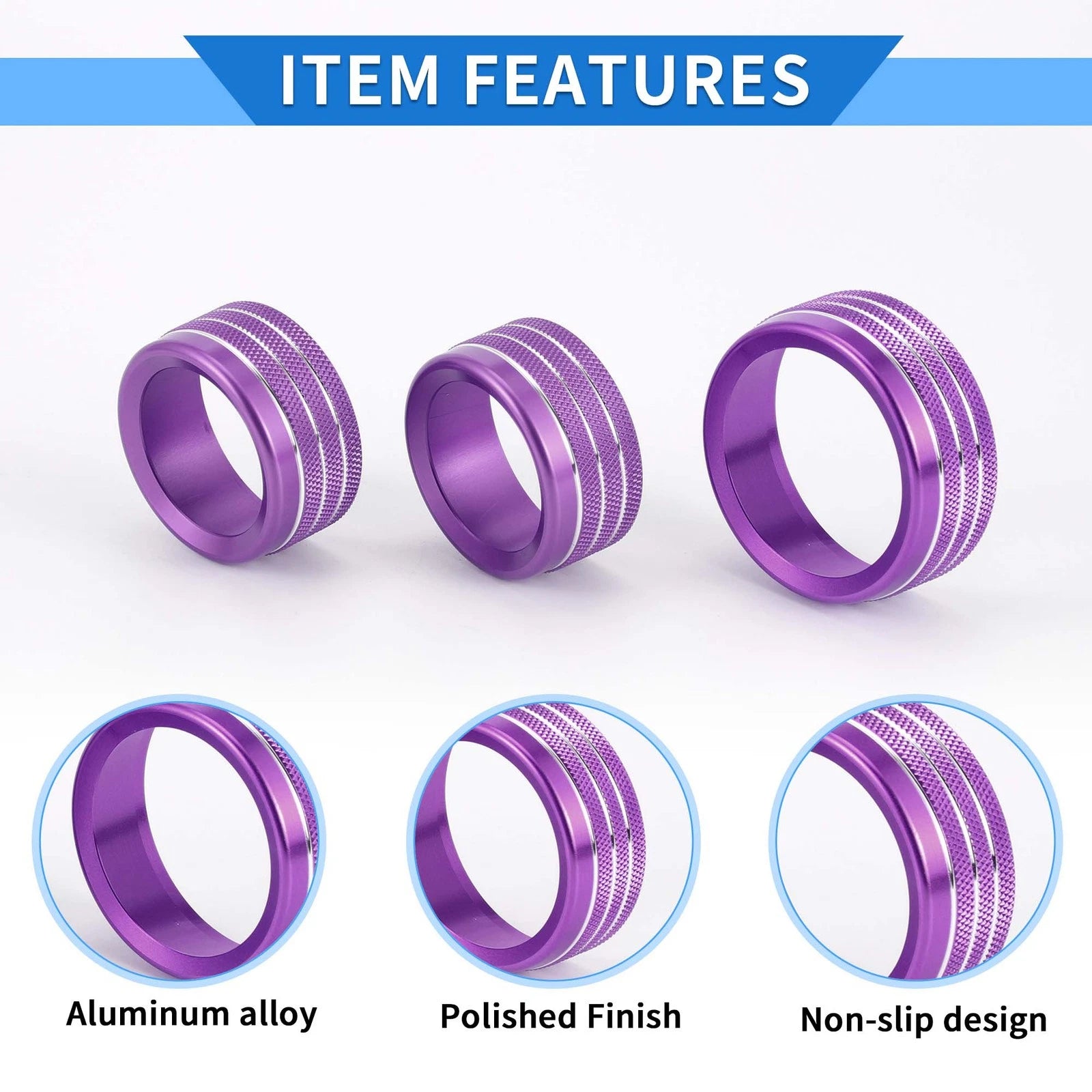 3X AC Media Tune Switch Knob Cover Ring for Dodge Challenger (2015–2019) Purple