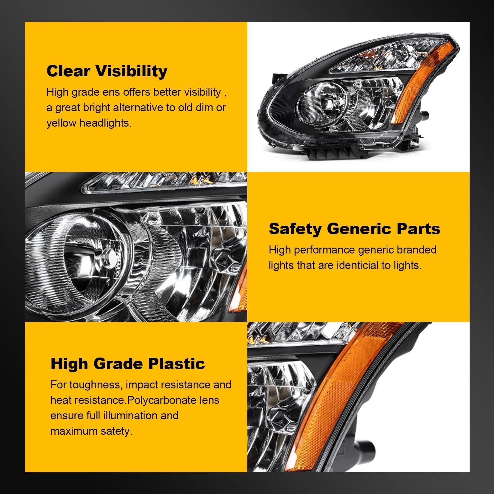 Headlight Assembly Pair for Nissan Rogue (2008–2013) Black Housing Amber