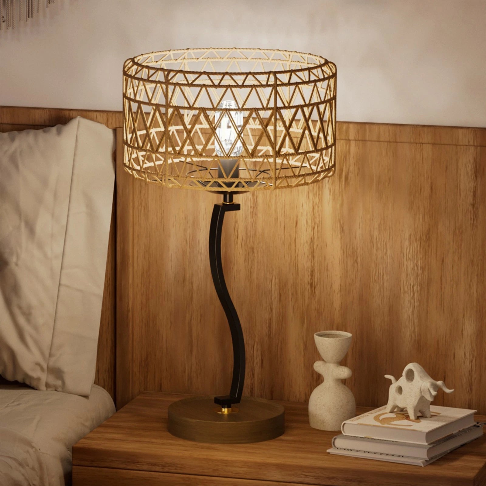 Dimmable Desk Lamp with Woven Rattan Shade for Bedroom Table (2023)