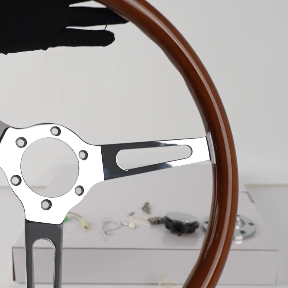 15" Classic Wood Steering Wheel with Horn Button for Universal Fit (380mm)