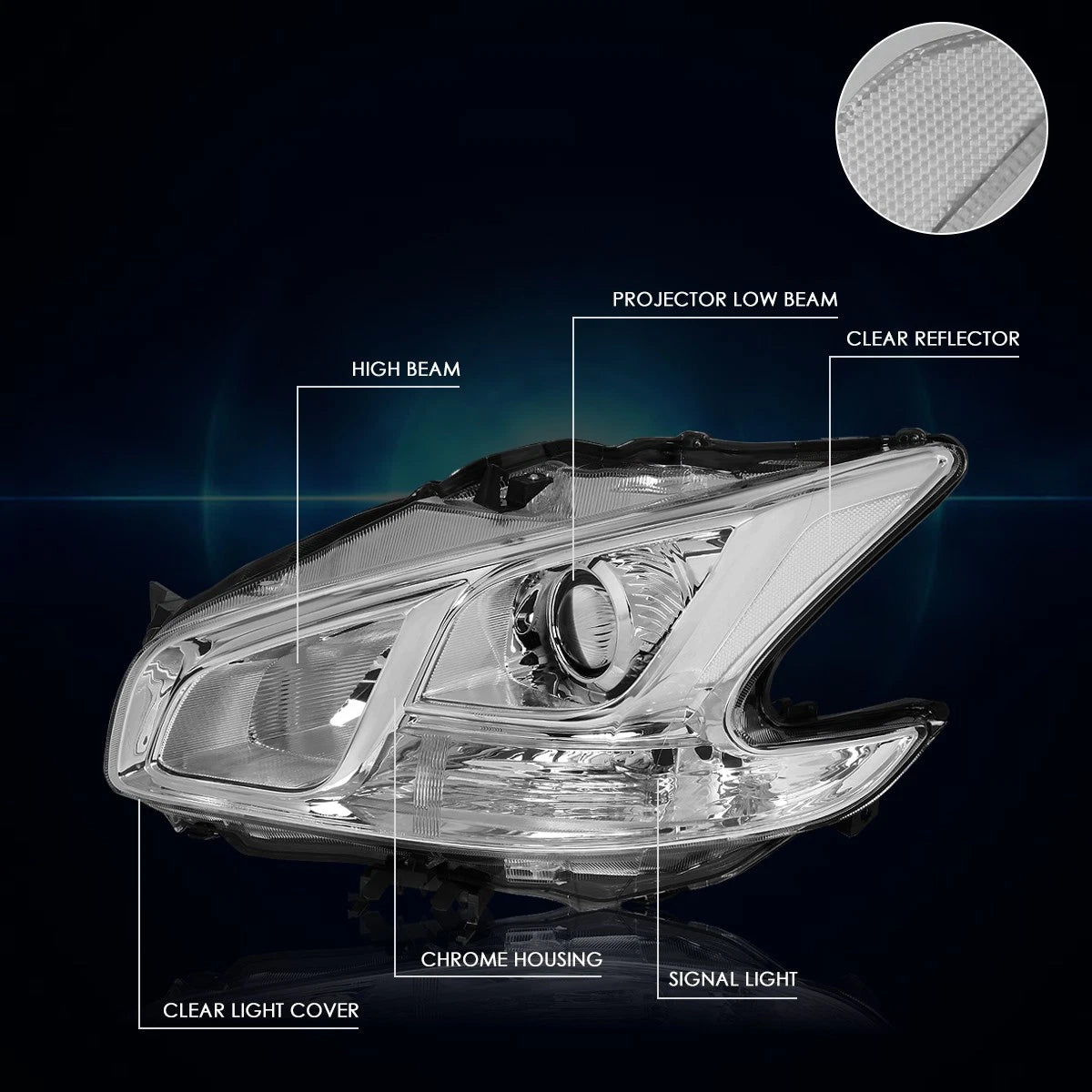 Projector Headlights for Nissan Maxima (2009–2014) - Chrome Housing, Clear Side