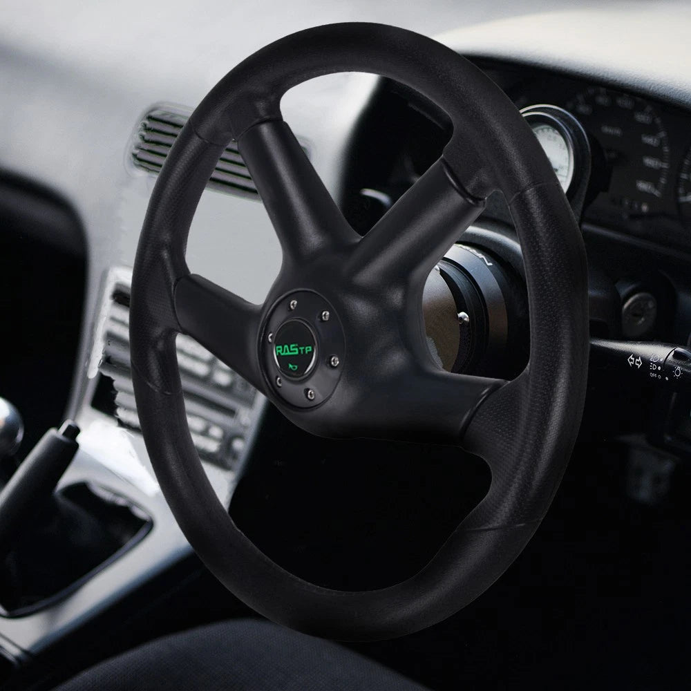 14" Universal 4 Spoke PU Leather Racing Steering Wheel with Horn Button