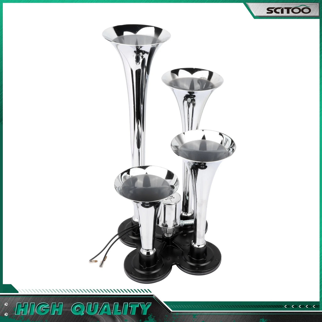 12V 150 DB 4-Trumpet Air Horn Kit for Car Truck Van Bus (Universal)