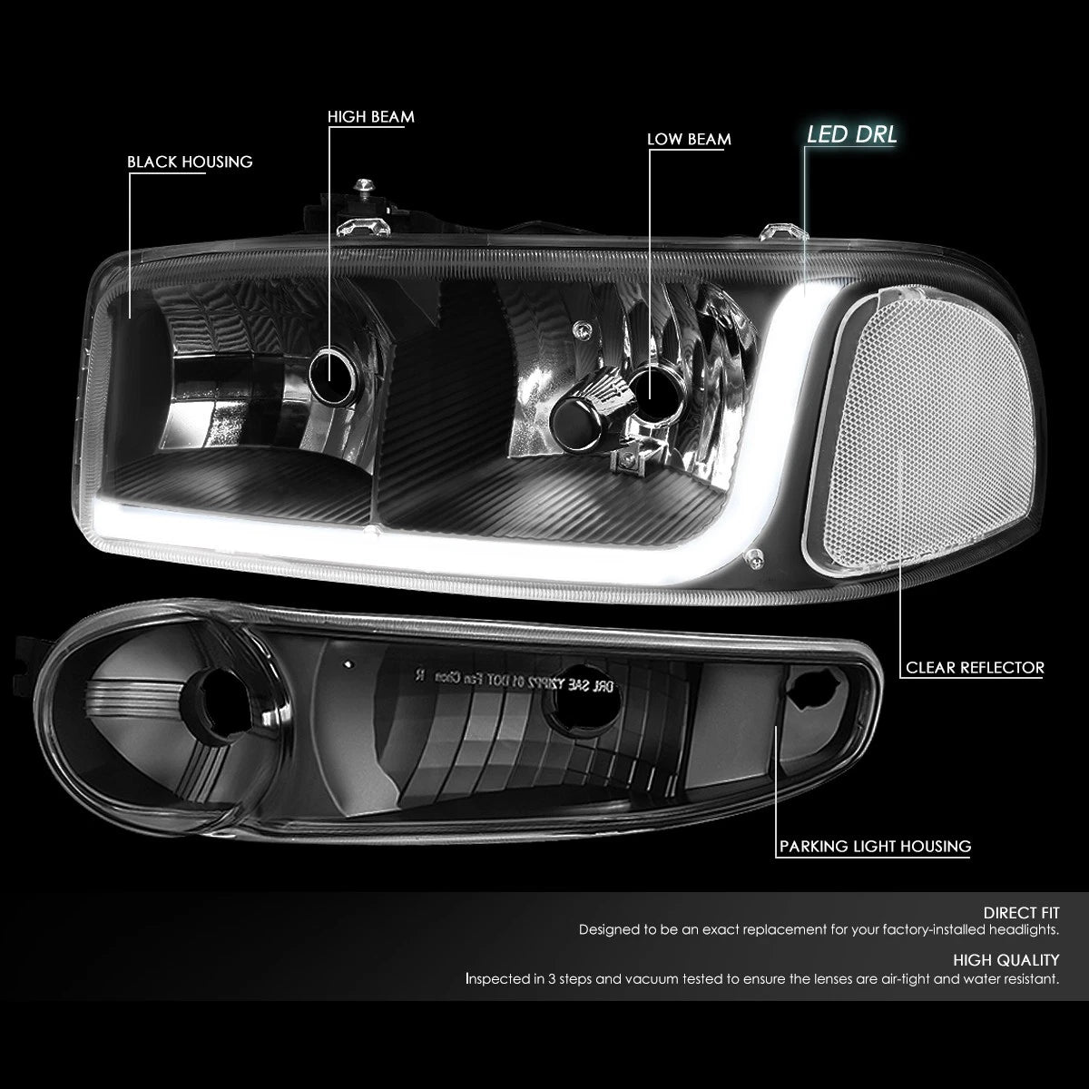 LED Tube Headlights for GMC Sierra (2001–2007) Black/Clear Bumper Lamp
