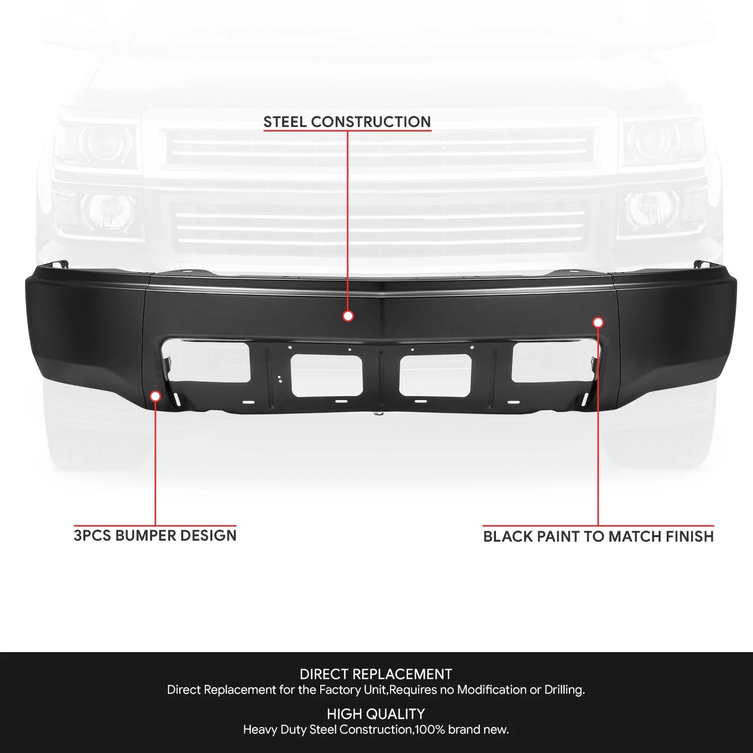 Front Bumper Face Bar for Chevy Silverado 1500 (2014–2015) w/o Fog Light Cutouts Black