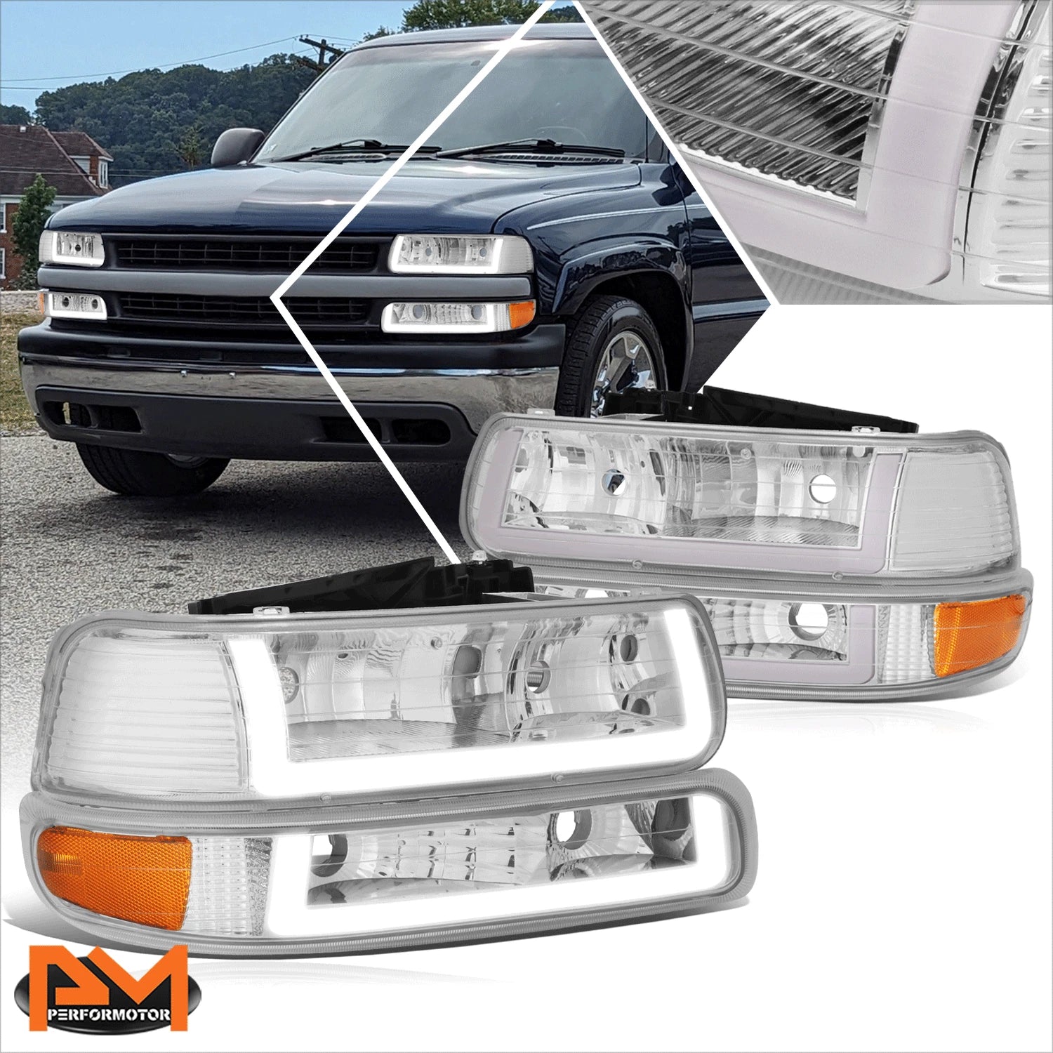 LED DRL Chrome Amber Headlights for Chevy Silverado Suburban Tahoe (1999–2006)