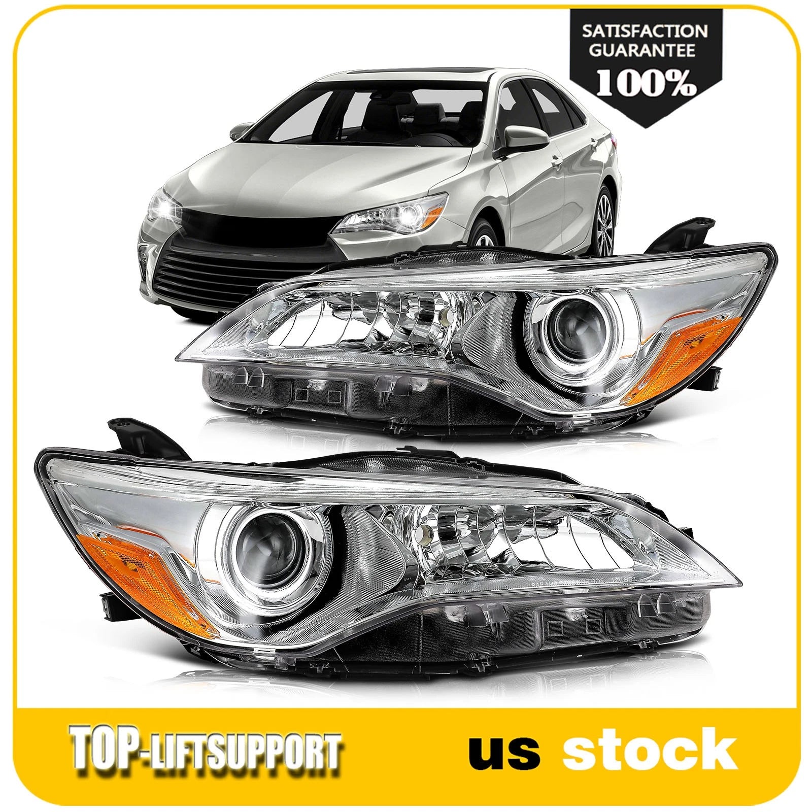 Set of 2 Headlight Assemblies for Toyota Camry (2015–2017) Chrome Amber