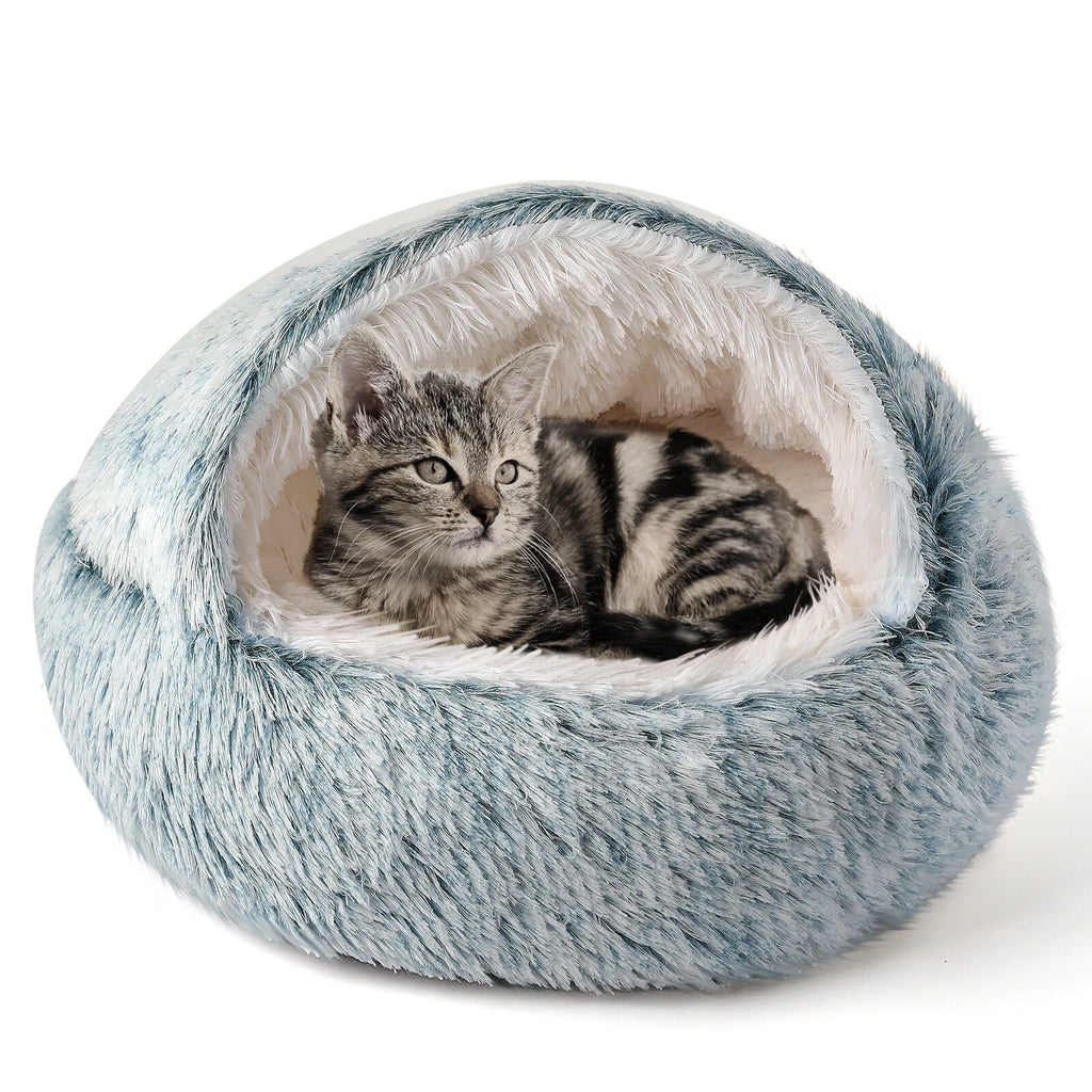 Cozy Cat Pod Plush Hooded Cat Bed Cave Self Warming Non-Slip Bottom Gray