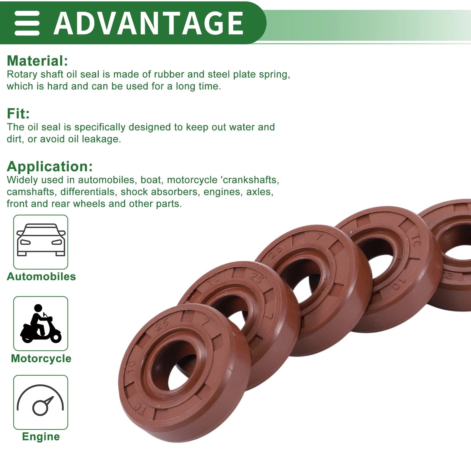 Set of 5 Oil Seal Ring 10x25x7mm for Various Models (Fluorine Rubber)